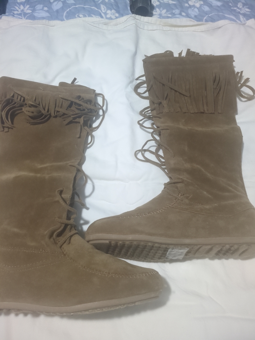 Forever Fringe Suede Tall Moccasin Boots - Taupe 5.5